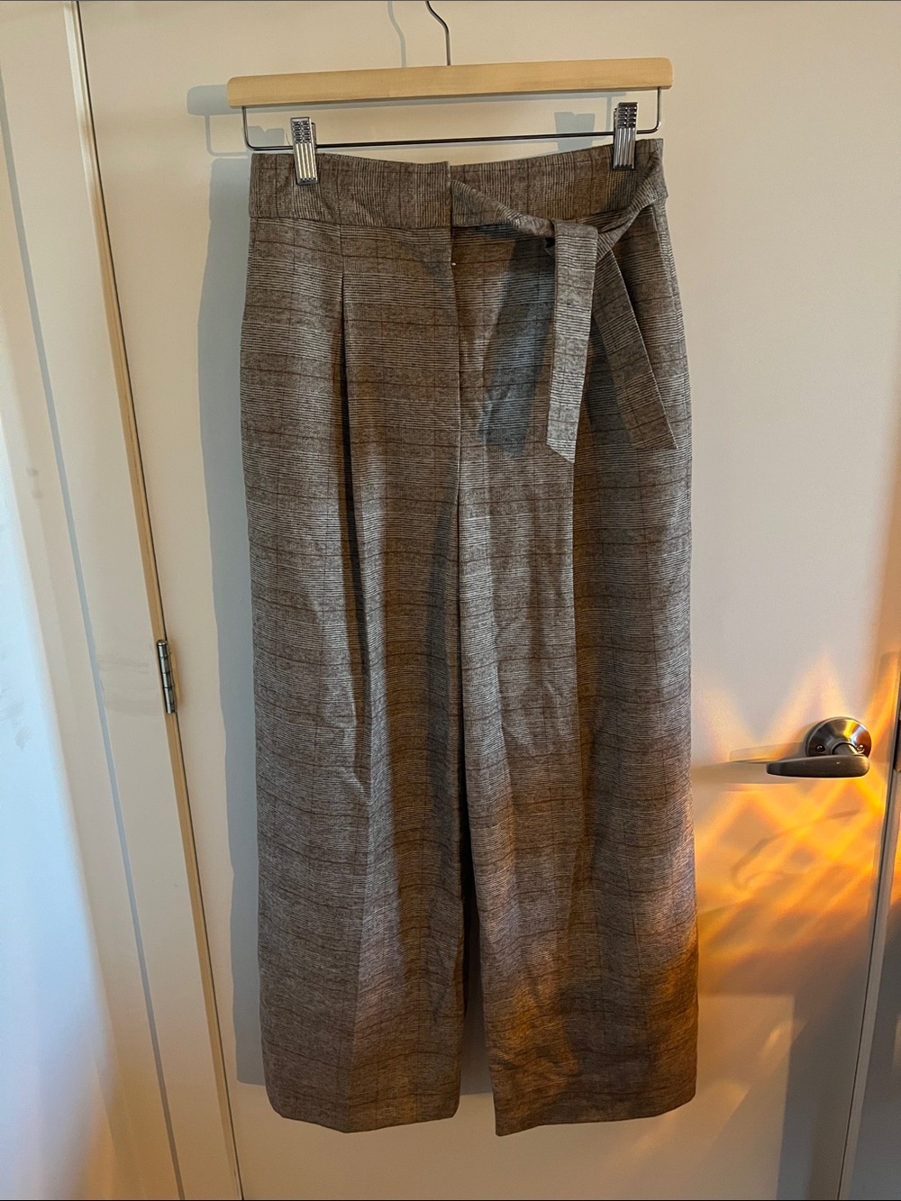 High-Waist Wide Leg Pants with Self-Tie Belt - Gray